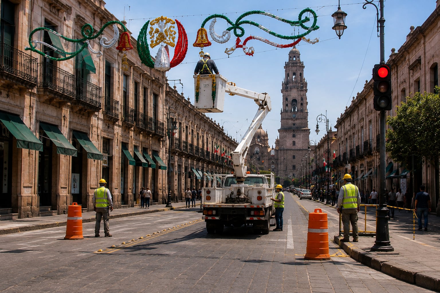 Cierran avenida Madero por colocación de adornos patrios en Morelia