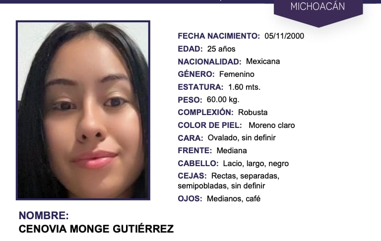 Buscan con urgencia a Cenovia Monge, joven de 25 años desaparecida en Maravatío