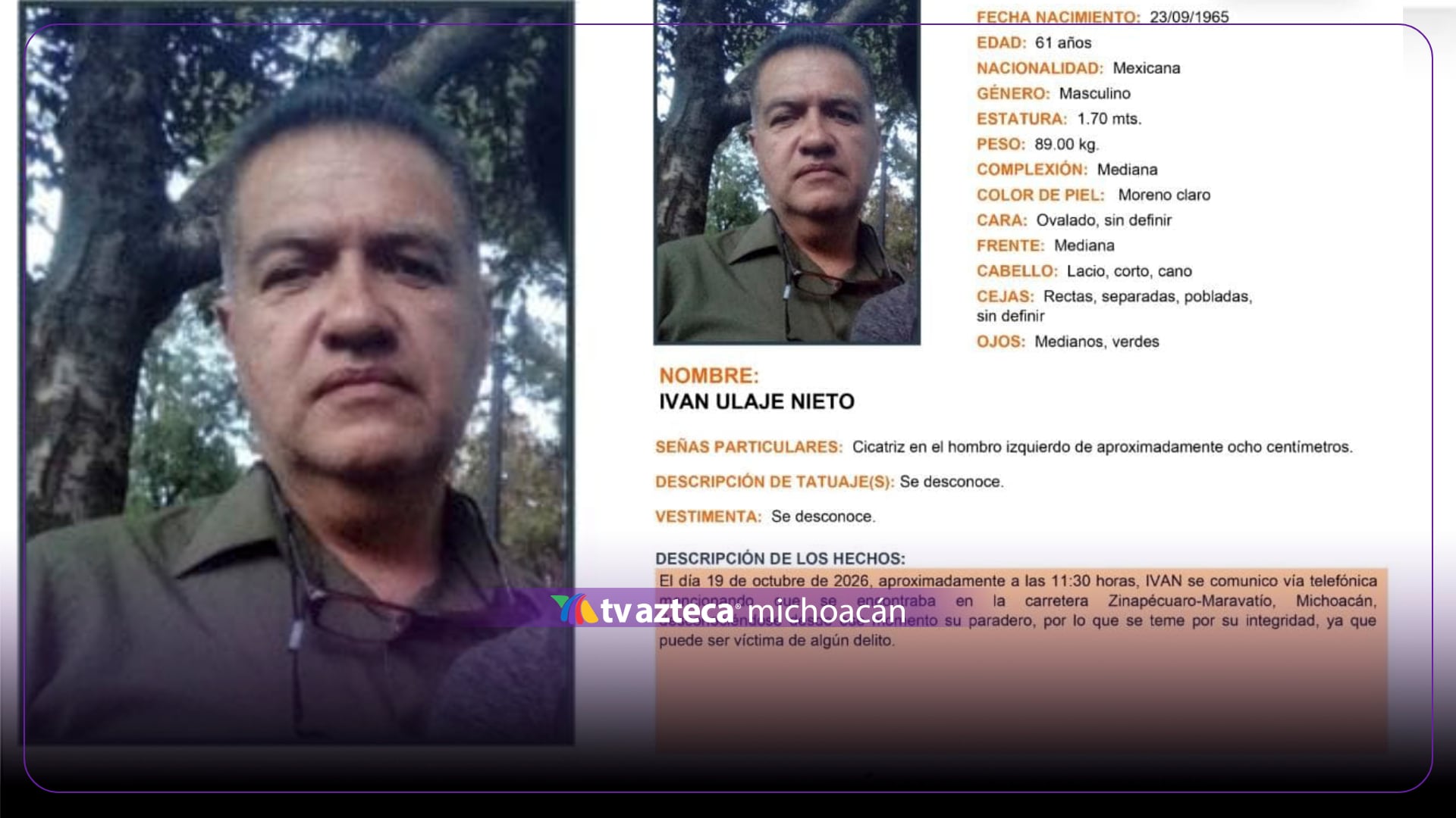 Buscan a Iván Ulaje Nieto, desaparecido tras comunicarse desde carretera Zinapécuaro-Maravatío