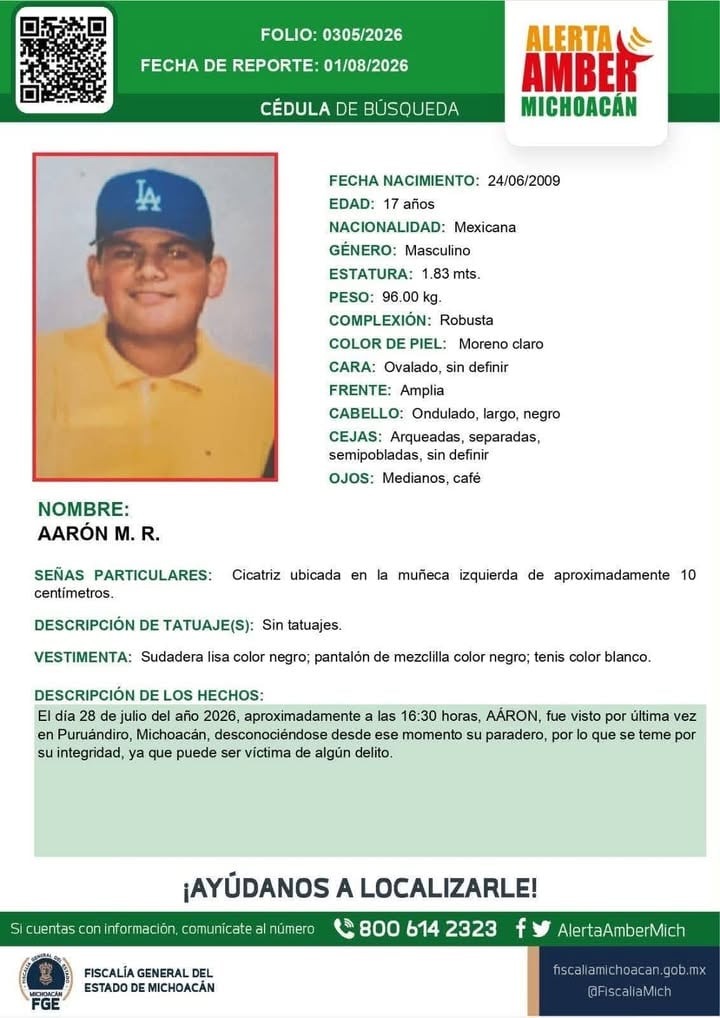 Buscan a adolescente de 17 años desaparecido en Puruándiro, Michoacán