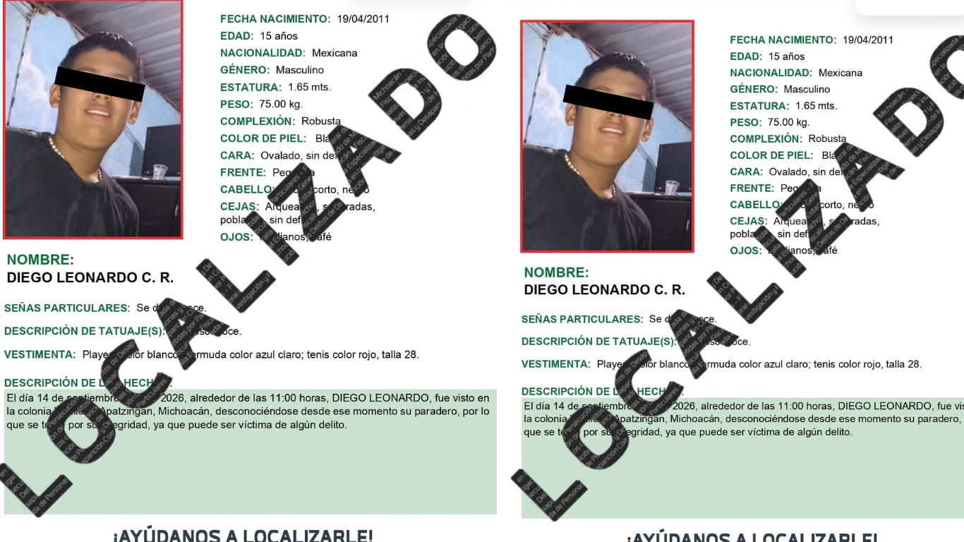 Localizan a adolescente de 15 años reportado como desaparecido en Michoacán