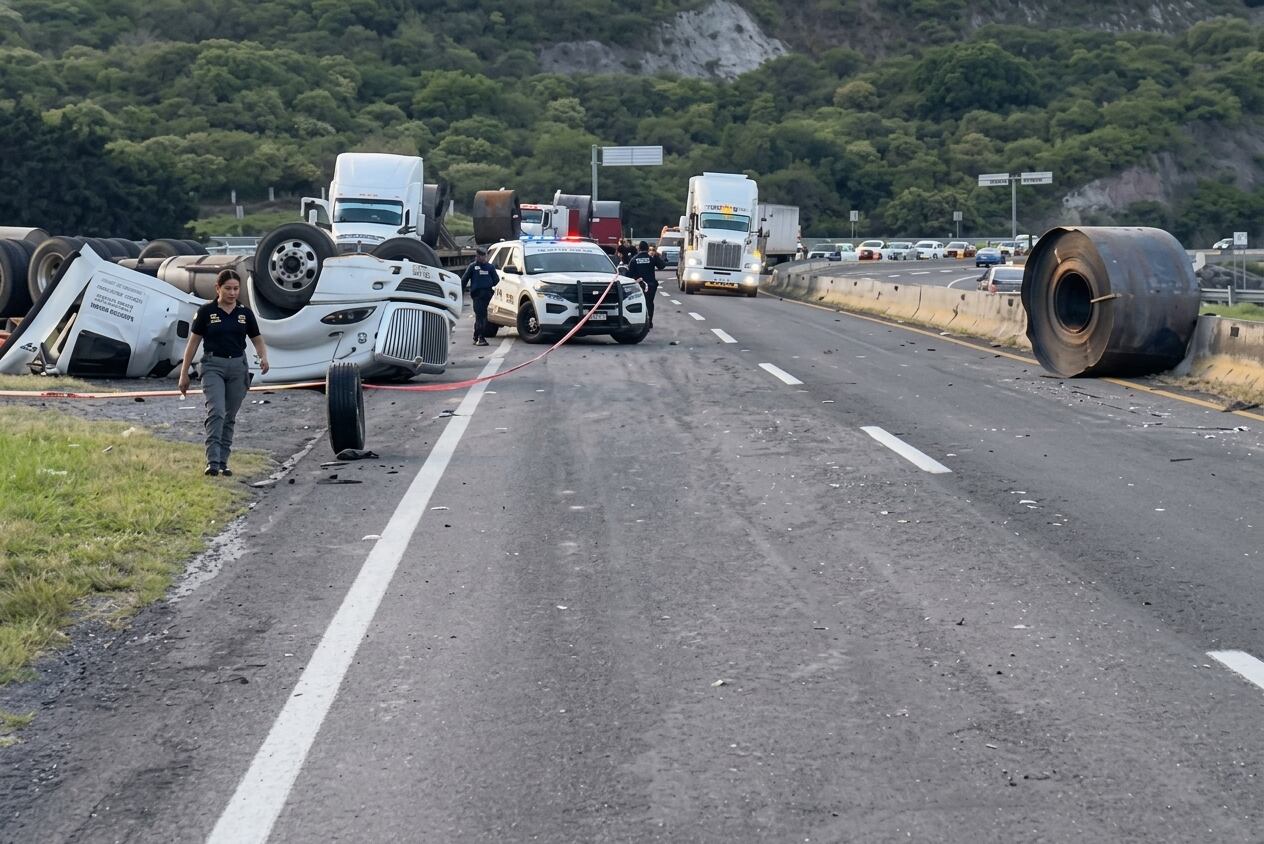 Hombre muere tras volcadura de tráiler en carretera de Michoacán