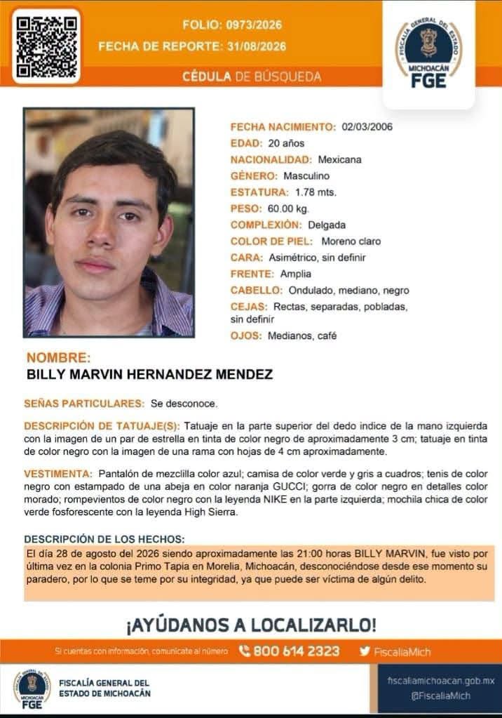 Buscan a joven de 20 años desaparecido en Morelia