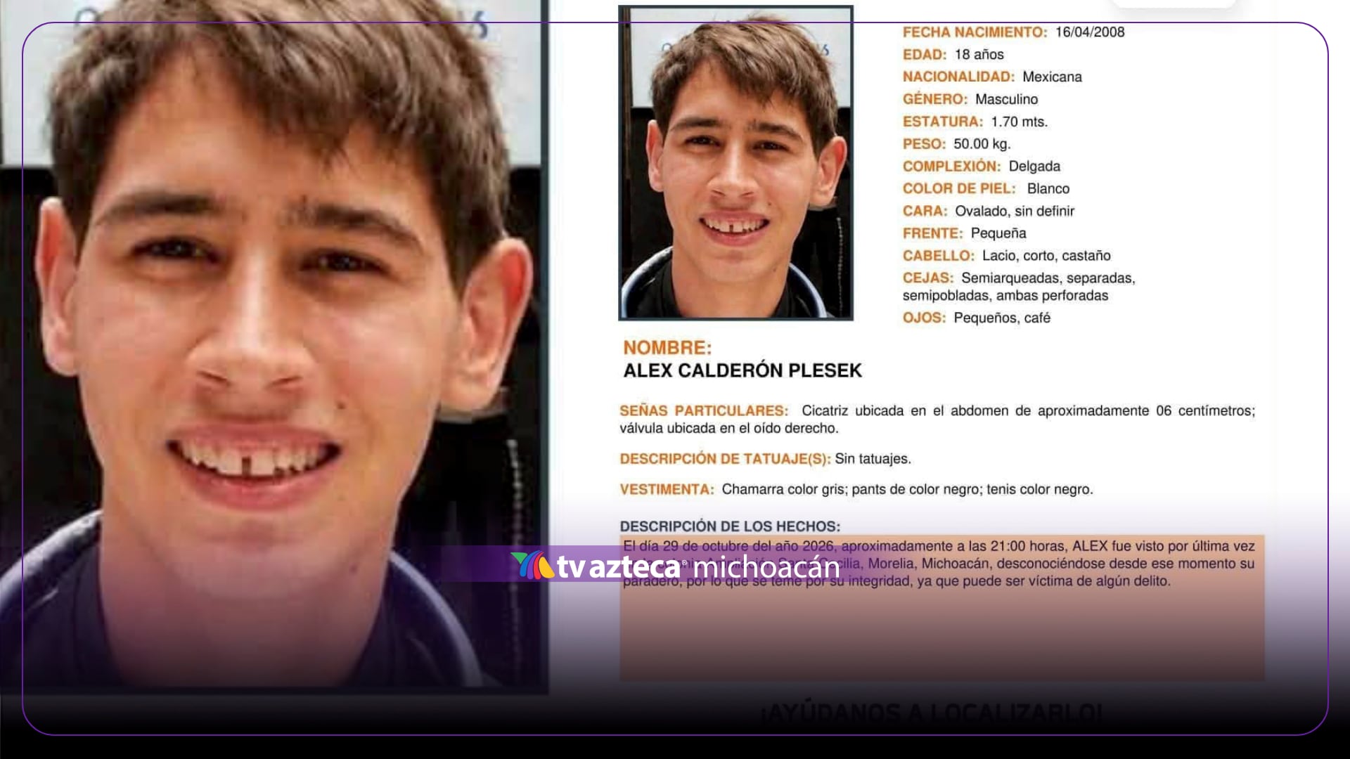 Buscan a joven de 18 años desaparecido en Morelia